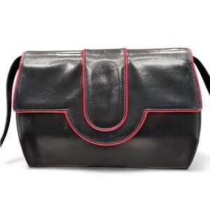 Bally International Vintage Black Leather Shoulder Bag with Red Piping
